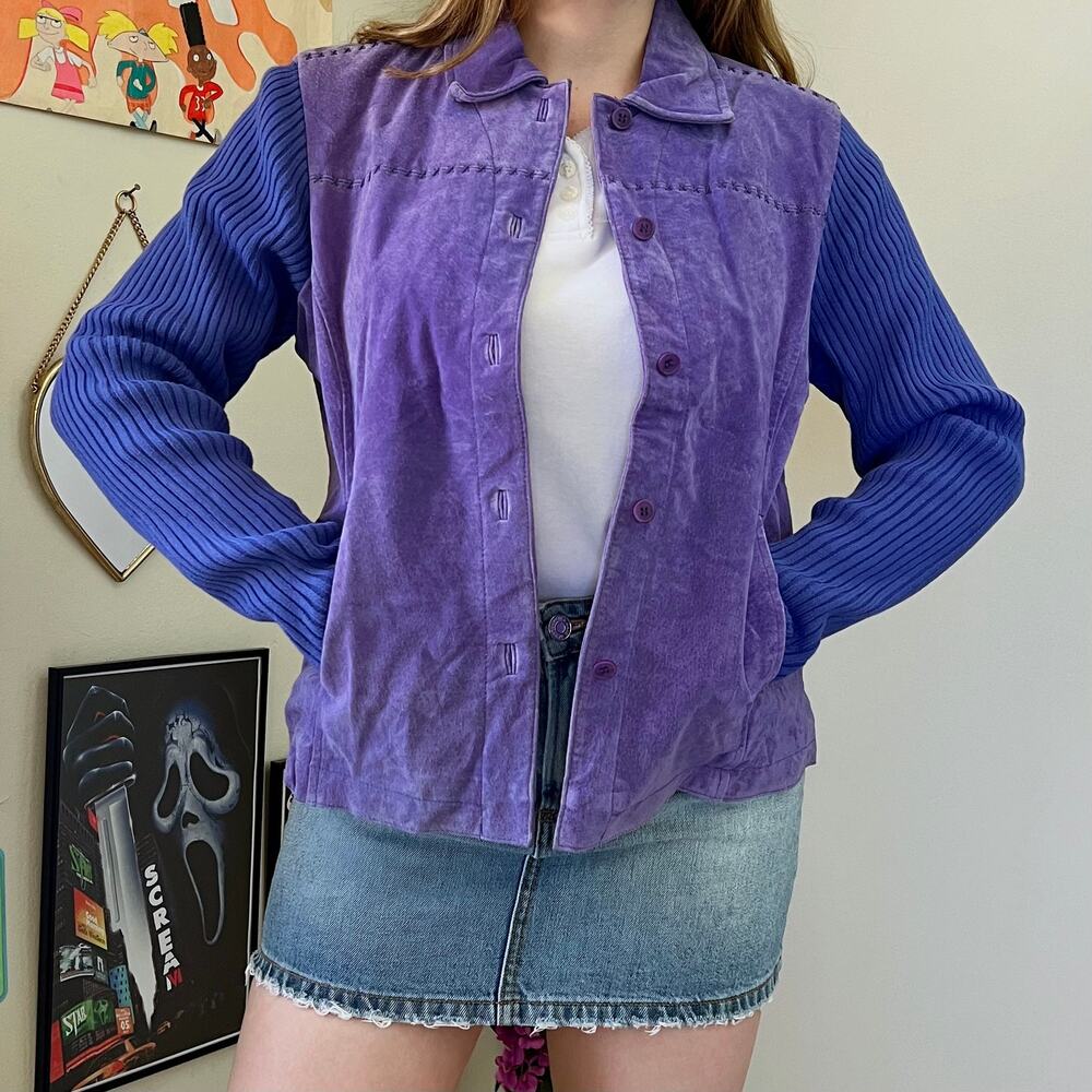 Vintage Y2K AMI Purple Leather Jacket Size Large Sweater Sleeves